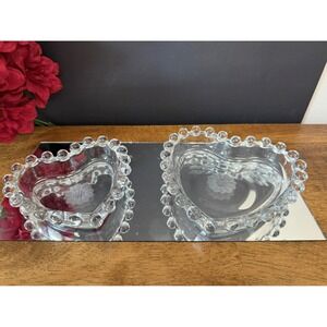 Vintage WJ Hughes Cornflower Etched Glass Heart Bowls with Candlewick Beaded Rim